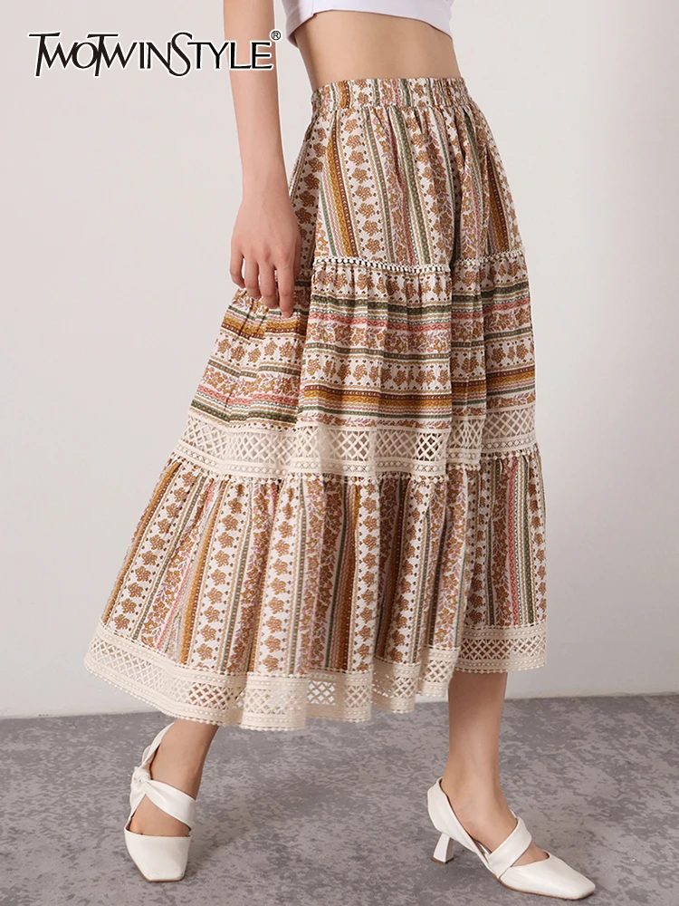

TWOTWINSTYLE Patchwork Print Floral Long Skirts For Women High Waist A Line Colorblock Midi Skirts Female Summer Clothing 2022