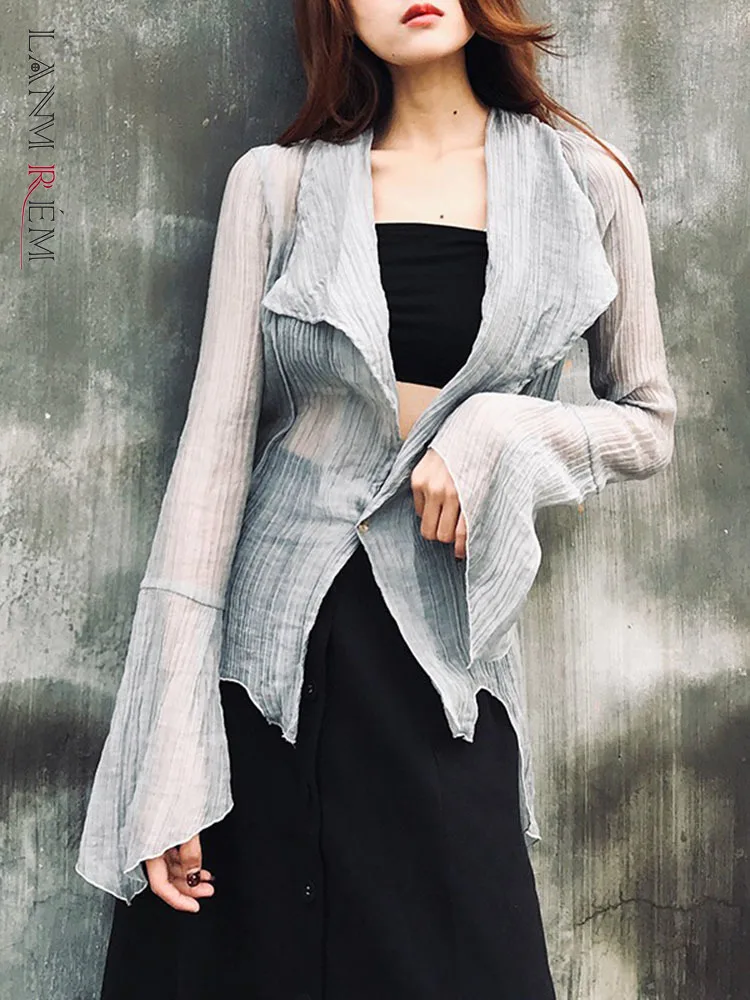 

LANMREM Mesh Flared Sleeve Sunscreen Irregular Thin Shirts Transparent Top For Women Vacation 2022 Summer Fashion 2R2745
