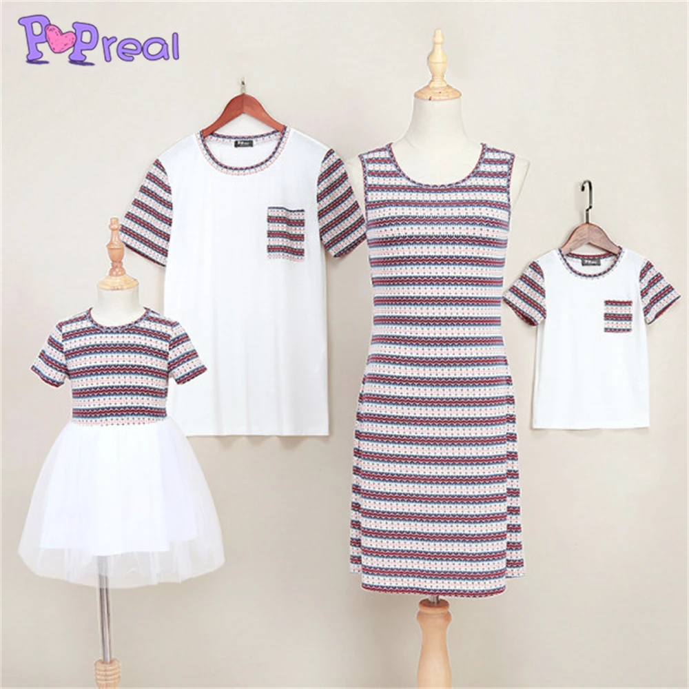 

PopReal New Stripe Series Family Matching Outfits Short Sleeve T-shirt Lace Dresses for Mommy And Girl Matching Clothing Sets
