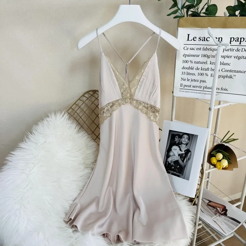

Sexy Lace Spaghetti Strap Nightdress Sleepwear Patchwork Perspective Lace Nightgown Nightwear Spring Summer New Satin Homewear