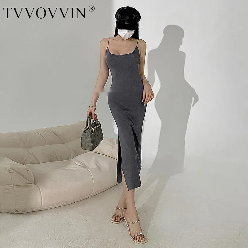 

TVVOVVIN, Новинка лета 2023, женское трикотажное эластичное сексуальное платье с запахом на тонких лямках для девушек, облегающее модное платье 3XO8