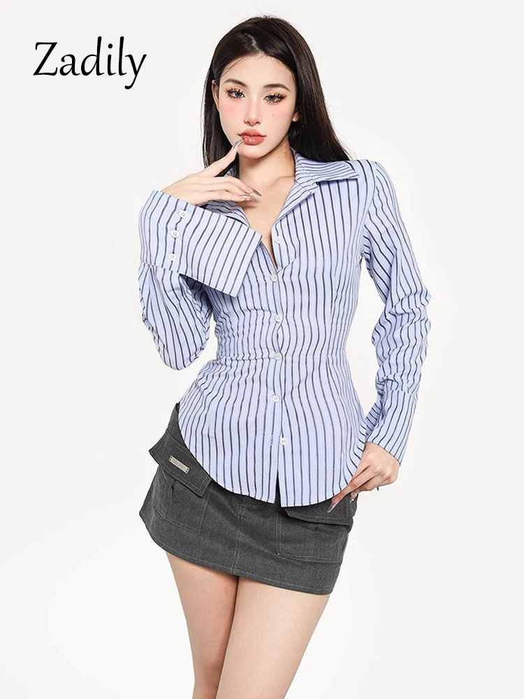 

2023 SpringOffice Lady Long Sleeve Elegant Women Striped Shirt Korea Style Slim Button Woman Blouse Summer Work Female Clothing