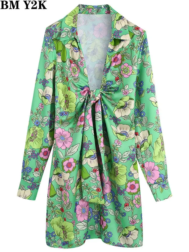 

BM Y2K party dress Women fashion tied floral print soft mini dress vintage long sleeve front buttons female dresses vestidos