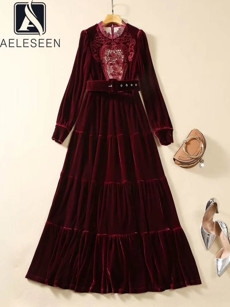 

Женское винтажное бархатное платье AELESEEN, темно-зеленое платье с длинными рукавами и цветочным принтом, длинное платье на осень и зиму