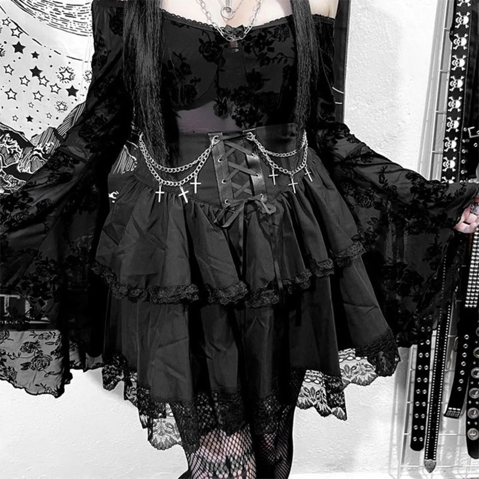 

Women Halloween Party Trend Slim Lace Chain Strap Double Layer Gothic Skirt Zoro Cosplay Costume Kids Boys