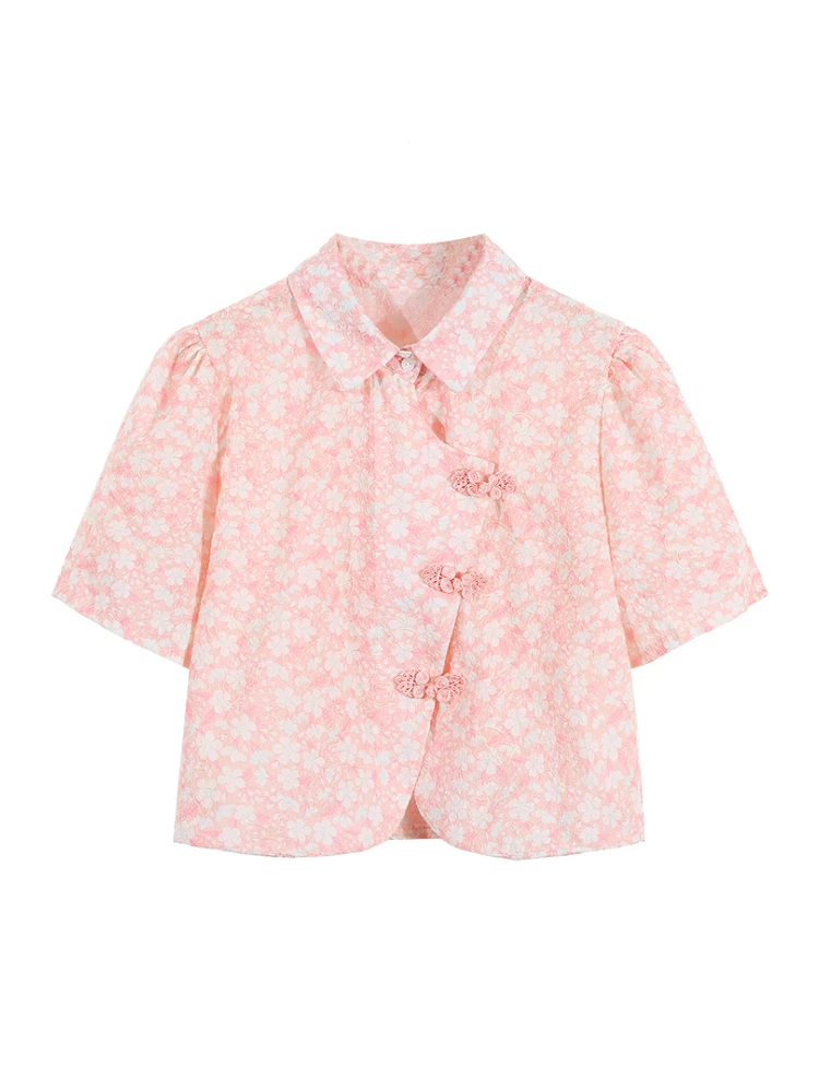 

Chinese Style Plate Button Floral Short Shirt Women's Summer Retro New Design Lapel All-match Short Sleeve Slim Blouse Female