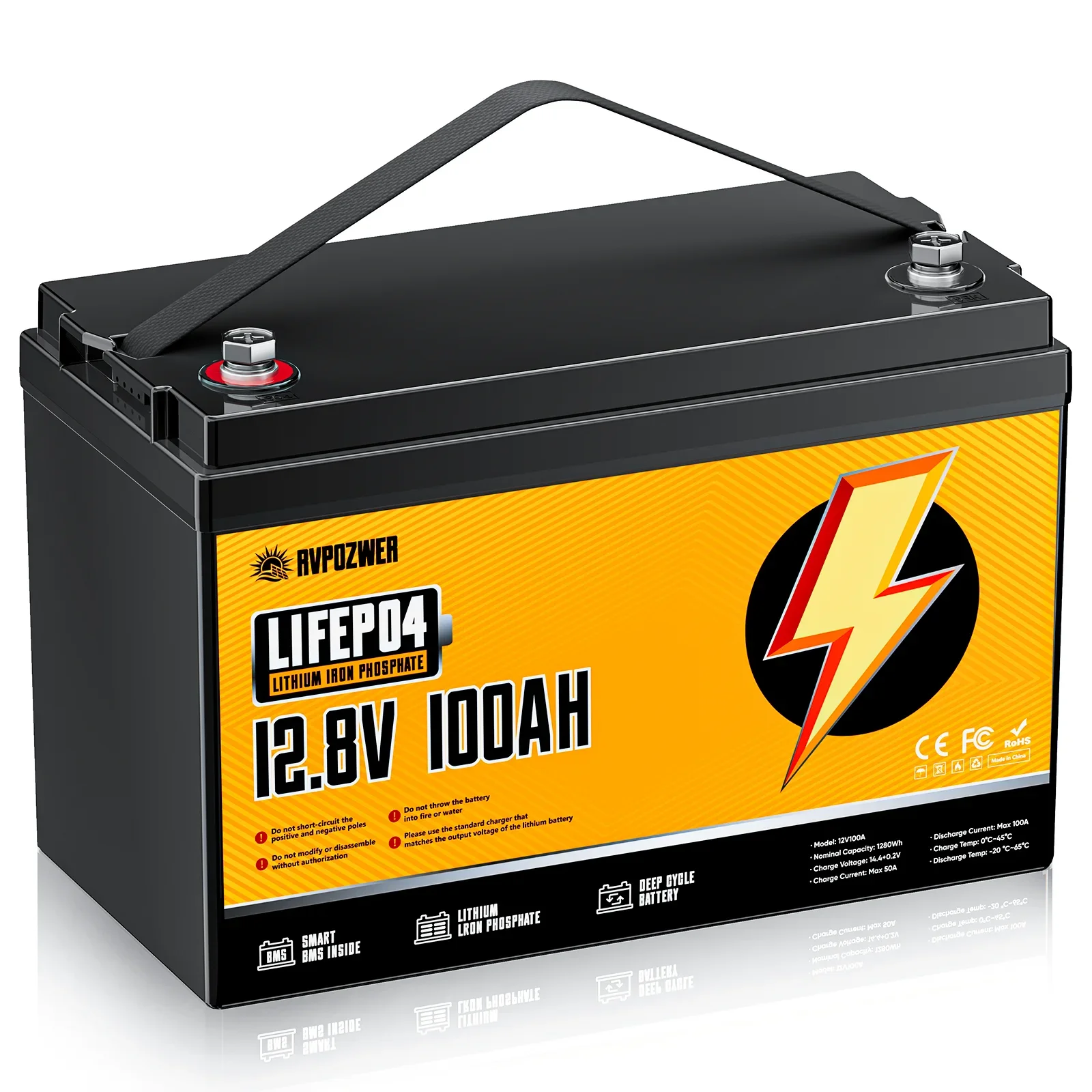 RVPOZWER 12V Lithium Battery 100Ah Nominal Capacity LiFePO4 1280Wh Battery 100A BMS Solar Portable Rechargeable 25000 Cycles