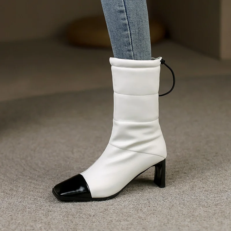 

soft micorfiber+leather kitten heel ankle boots for woman square toe sexy high heels runway modern warm winter snow boots woman