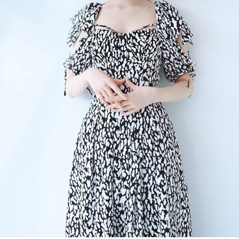 

A GIRLS Summer New Vestidos Square Collar Off Shoulder Ruffle Short Sleeve Print Slim Waist Dresses Japanese Sweet Femme Robe