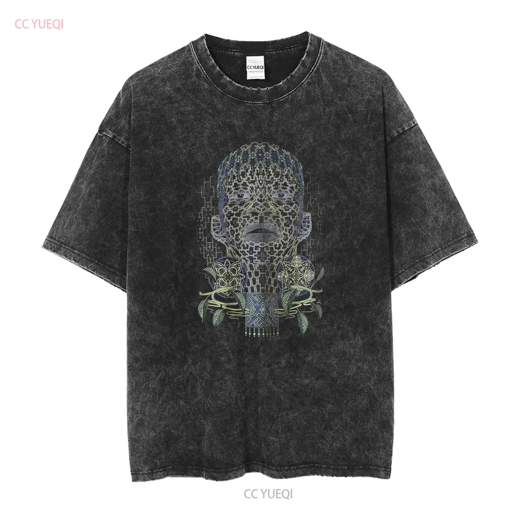 Фото Футболка Shaman Psy UV Active Glowing Ayahuasca Design Trance Goa Festival Wear Черный Хлопок Фрактальное Искусство Племенные Мужчины винтаж №2