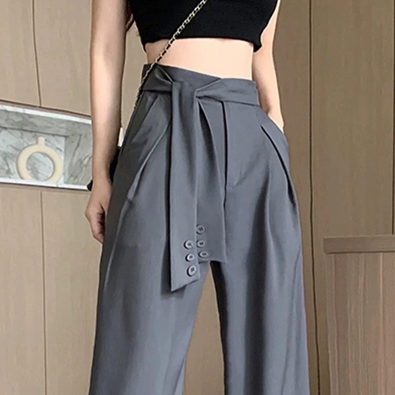 

Gray Causal Pantsuit for Women 2023 Baggy Straight High Waist Pants Solid Full Length Bottoms Black Wide Leg Trousers