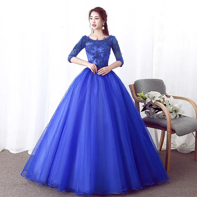 

Blue Quinceanera Dresses Classic Scoop Neck Tulle Ball Gowns With Half Sleeves Delicate Beading Floral Vestido De Debutante