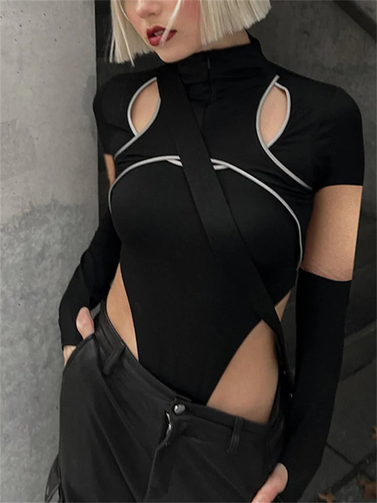 2023 Dark Techwear Fashion Y2k Hollow Out Bodysuits Cyber Gothic Grunge High Cut Bodycon Tops Turtleneck Glove Sleeve Streetwear