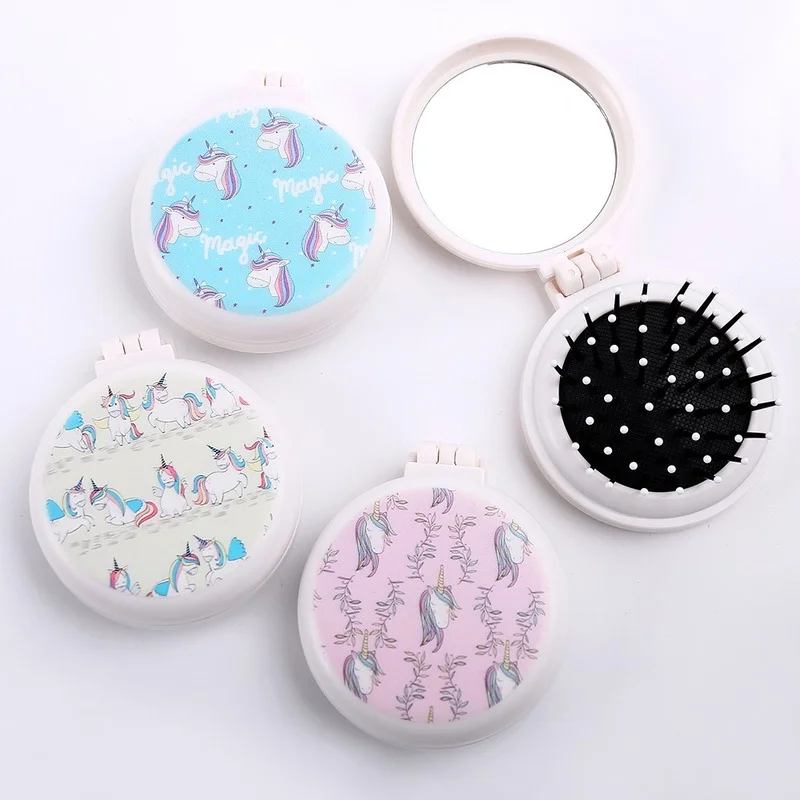 

Little Pegasus Unicorn with Mirror Folding Mini Pocket Mirror Cute Comb Round Printing Pony Folding Comb Makeup Mirror Comb