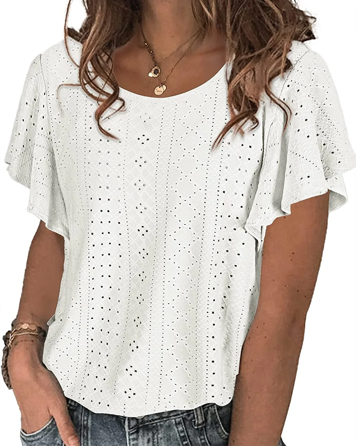

Women's Blouse 2022 Summer New Women's Shirts Hollow Round Neck Shirts Lotus Leaf Sleeves Casual Shirts Women