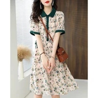 casual print turn down collar summer office dress for lady high wasit a line mid dress short sleeve pleated korean elegant dress