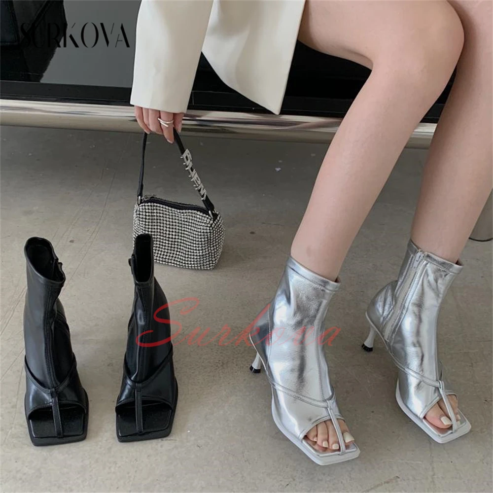 Thong Thin Strap High Heel Short Boots Women's Solid Color Square Open Toe Leather Boots Mid Heel Ankle Boots Fashion Shoes New