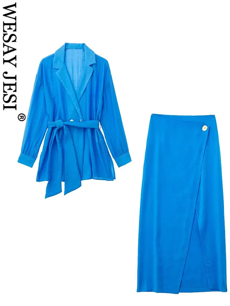 

Женский костюм с юбкой WESAY JESI, рубашка с длинным рукавом и поясом + юбка с завышенной талией и пуговицами спереди на молнии, модная уличная одежда