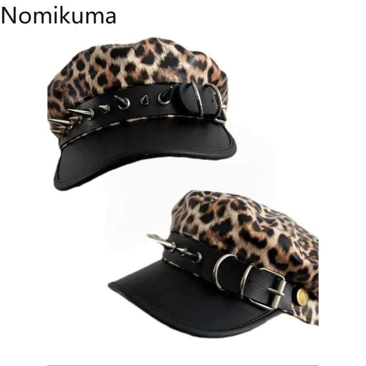 Модные восьмиугольные шапки с леопардовым принтом и заклепками пряжкой в стиле