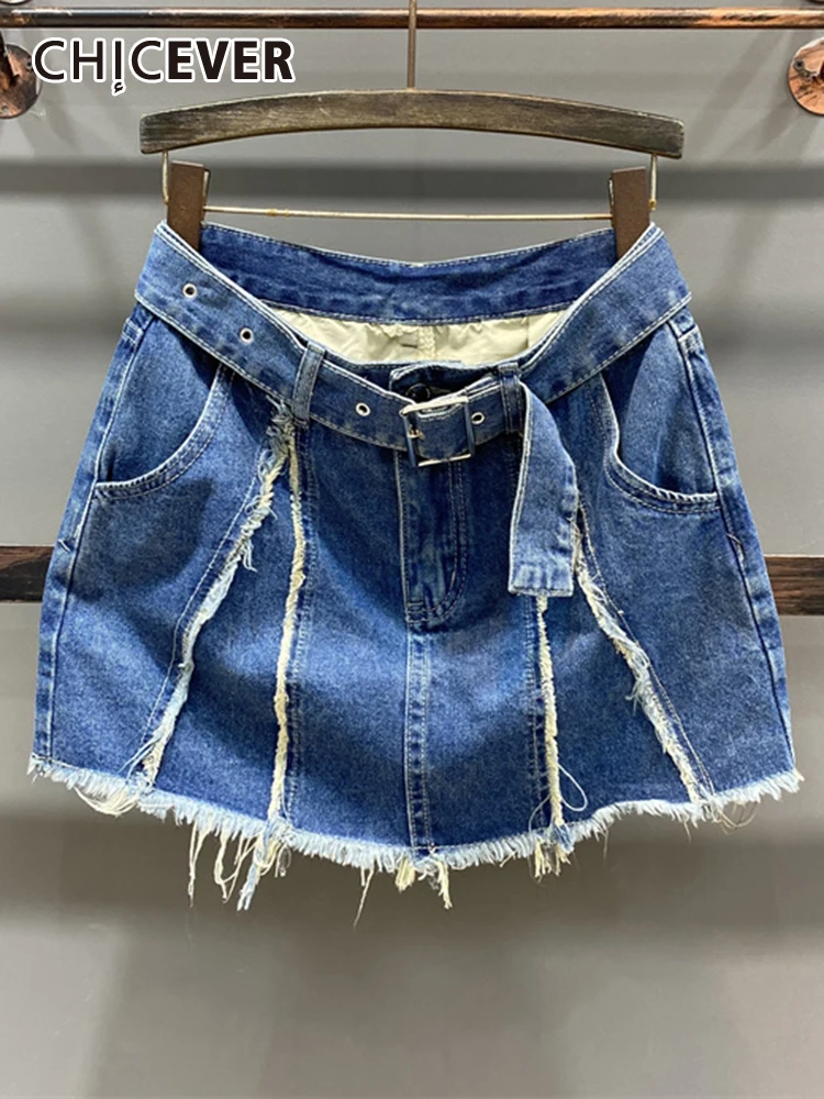 

CHICEVER Patchwork Belt Denim Skirts For Women High Waist Spliced Pockets Raw Hem Colorblock Mini Bodycon Skirt Female Summer