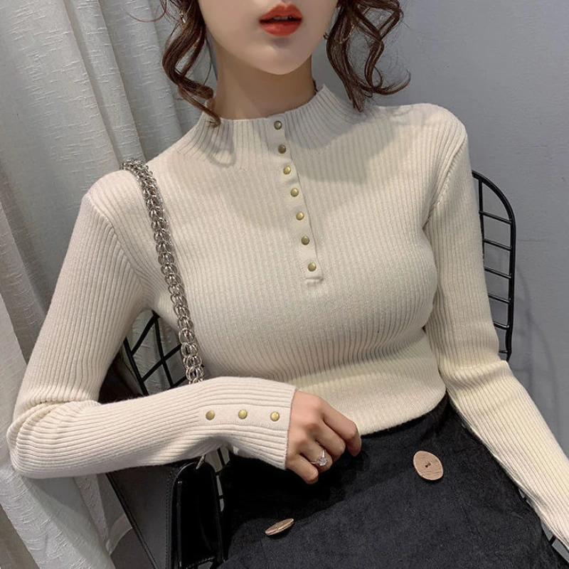New High-quality Soft Mock Neck Bottomed Sweater for Women Long-sleeved Western-style Korean Version Slim Buttons Solid Top