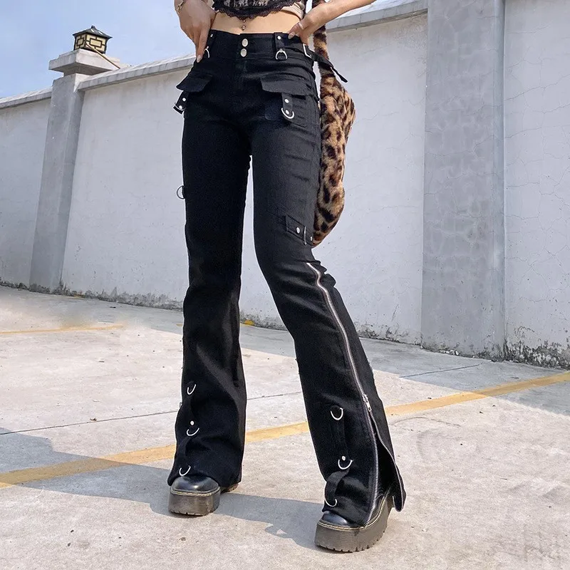 Punk Street Rivets Zipper Black Straight Jeans Gothic Low Waist Women Denim Trousers Aesthetic Streetwear Dark Academia Pants