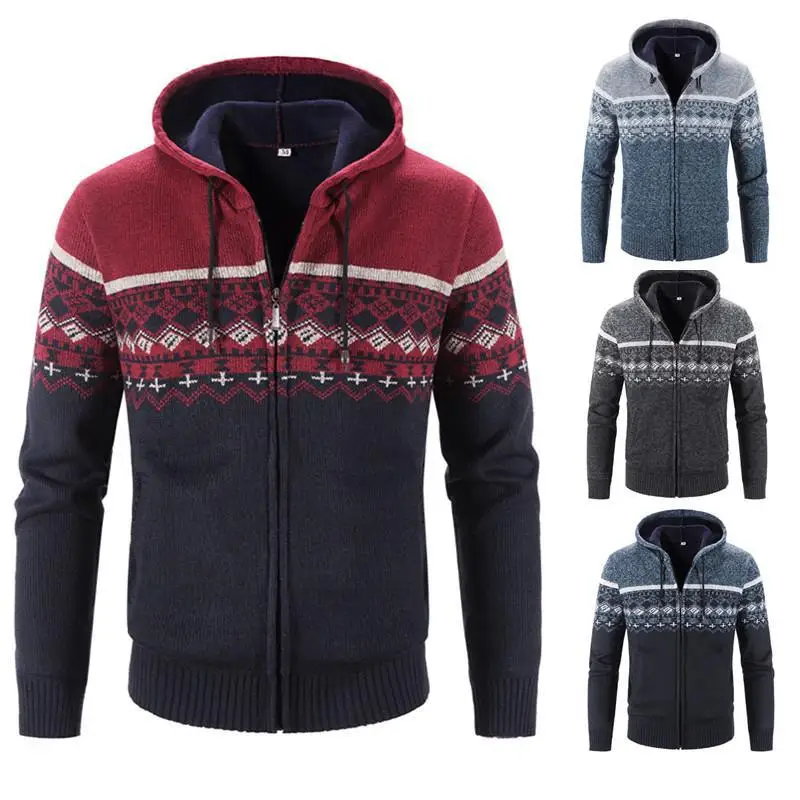 

Зимний флисовый свитер, мужской толстый теплый вязаный свитер с капюшоном, кардиган, однотонная Повседневная вязаная куртка, пальто, мужская одежда