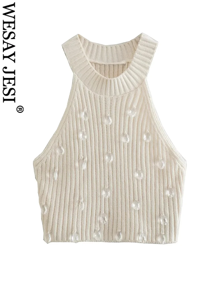 

Женский короткий вязаный свитер без рукавов WESAY JESI y2k