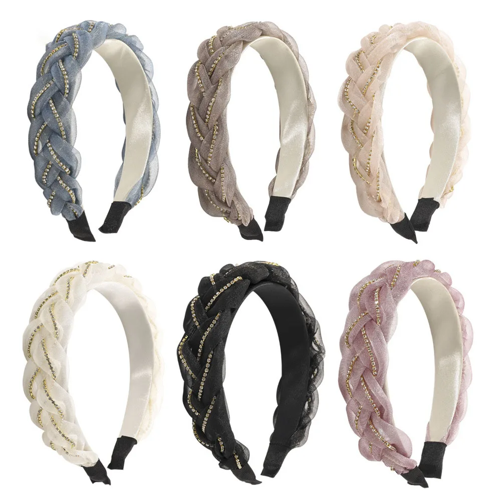 

Luxury Flash Organza Bling Rhinestones Headband For Women Office Accessories Braided Patterns Hair Head Hoop Band Headwear