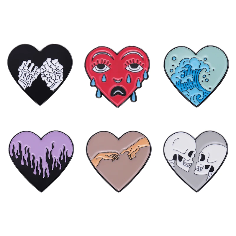 

6 Style Heart Enamel Pins Skeleton Lover Holding Hands Brooch Lapel Badges Punk Jewelry Gift for Friends Kids Couple