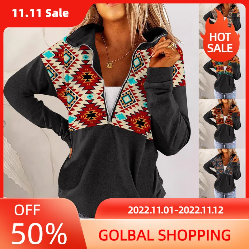 

Women Zipper Sweater Patchwork Vintage Print Autumn Ladies Tops with Pocket Fashion Ladies Pullover 16 Colors