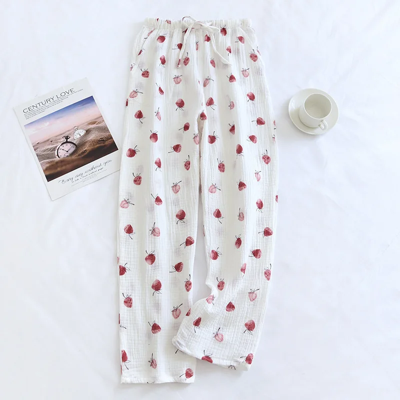 

Home Spring Loose Strawberry Trousers Women's Bottoms Pants Thin Summer Casual 100%cotton Section Pants New Crepe And Women