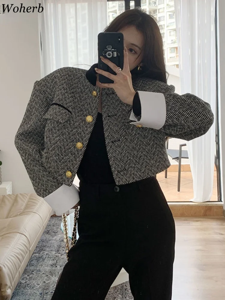

Woherb New Fashion Korean Chic Vintage Tweed Jacket Coat Women Spring Contrast Color Cropped Jackets Elegant Office Lady Outwear
