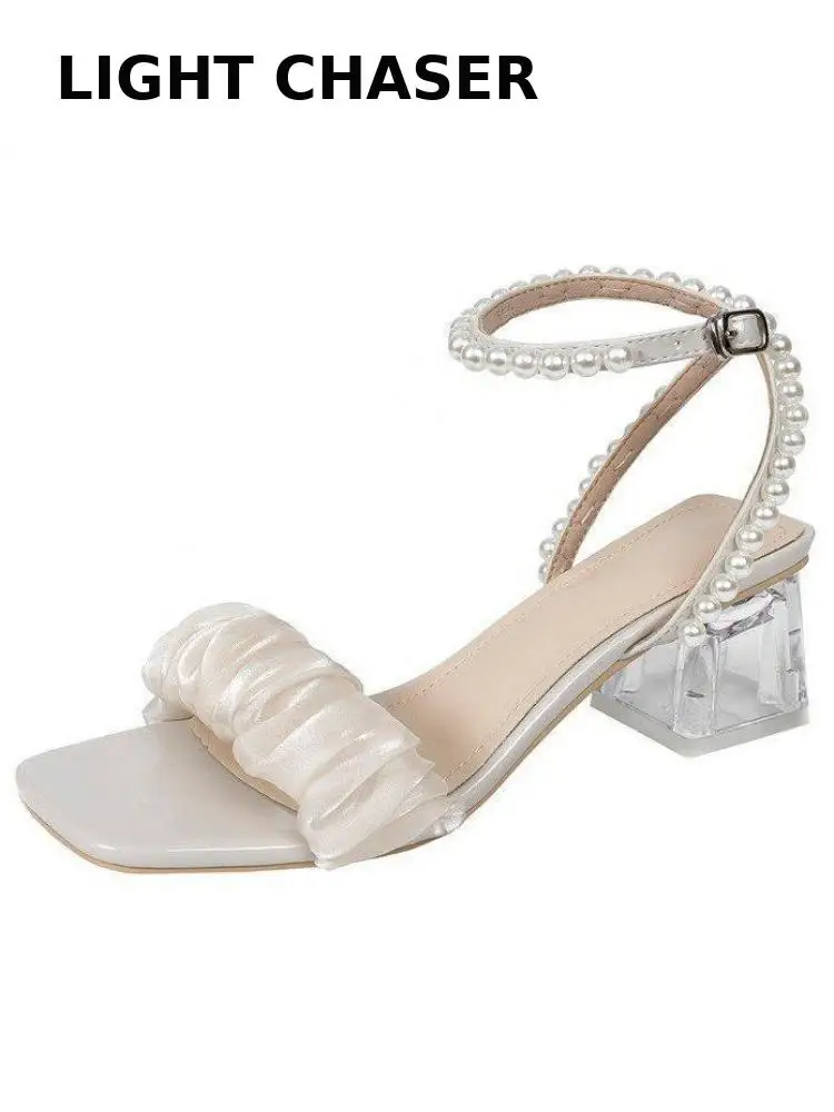 Sandals Women's Summer Thick Heel Transparent Heel All-match Women's High Heels Sexy Pleated Women's Sandals Dress Party Shoes