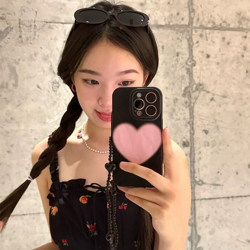 Корейский черный мягкий чехол с браслетом Love Heaet для телефона iPhone 14 13 12 11 Pro Max X Xr Xs Max 7 8 Plus Se2022 противоударный чехол
