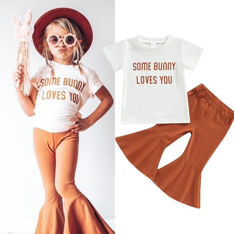 

Baby Girl Clothes Bell Bottom Outfit Cow Print Short Sleeve Shirt Top Flared Pants Set Cowgirl Summer Outfit