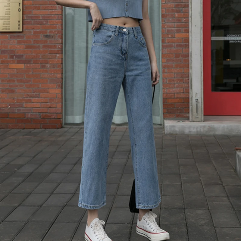

Women's Straight Loose Loose 2023 New Wide-leg Ninth Pants Fall Back Slit High Waist Blue Jeans Summer Female New Solid Trouser