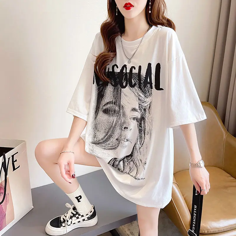 

Футболка женская оверсайз средней длины, модная Свободная рубашка в европейском и американском стиле, с графическим принтом, в стиле Харадз...