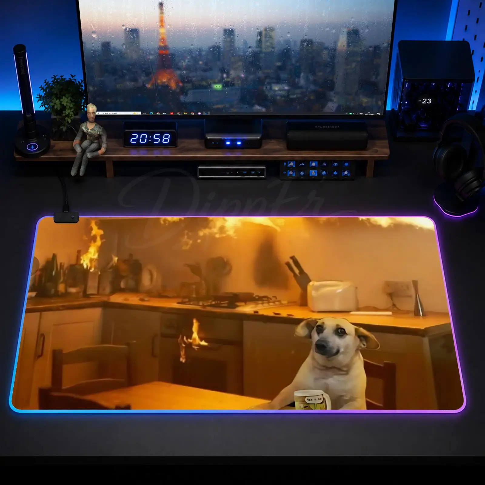 Фото Коврик для мыши Dog This Is Fine, игровой аниме-коврик для мыши XXL, RGB-коврик для стола, светодиодные настольные коврики с подсветкой, резиновые настольные коврики с подсветкой №2