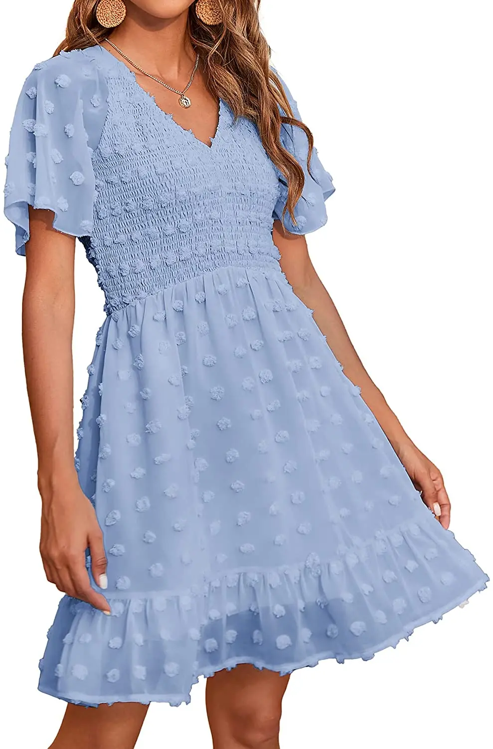 

Women's V Neck Smocked Short Sleeve Casual Dress Swiss Dot Swing Flowy Ruffle Hem Mini Beach Summer Dresses