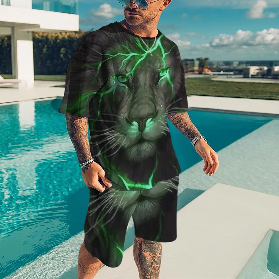 New Hot Selling T-shirt Fashion Suit Lion King Summer Men Suit Sportswear Oversized Clothes 3d Printed T-shirt Shorts Sportswear