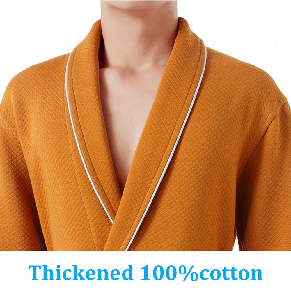 Spring Autumn Double-layer 100% Cotton Robes for Men Lengthen Thicken Kimono Bath Robe Couples Solid Breathable Bathrobe Towel