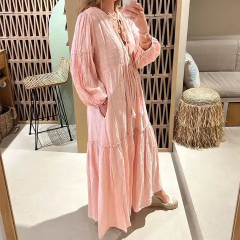 Casual Female Loose Harajuku Folds Retro Maxi Dress Fashion New Solid High Street Dresses Women Pocket Long Sleeve Holiday Dress