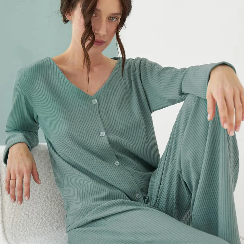 Женский домашний пижамный комплект в полоску зеленая кофта с длинным рукавом и