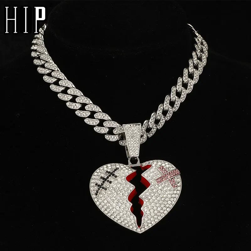 

HIP HOP Iced Out Broken Heart Pendants With 13mm Cuban Link Chain AAA+ Rhinestone Necklaces For Men's Women Rapper Jewelry