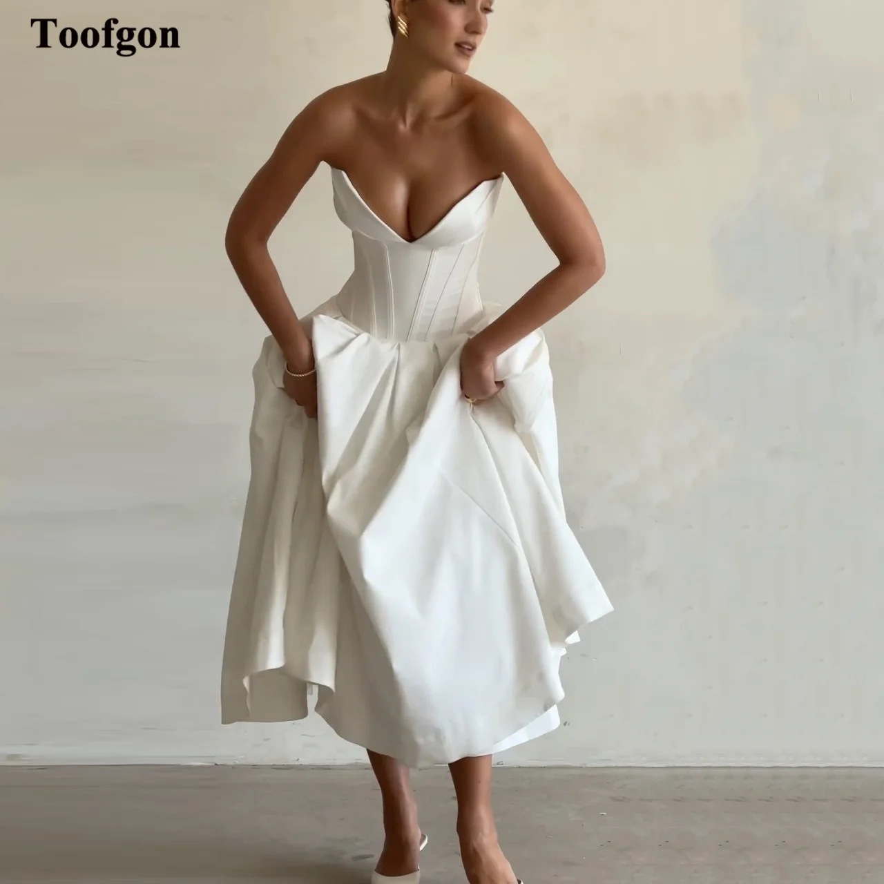 Женское атласное свадебное платье до щиколотки с карманами и V-образным вырезом