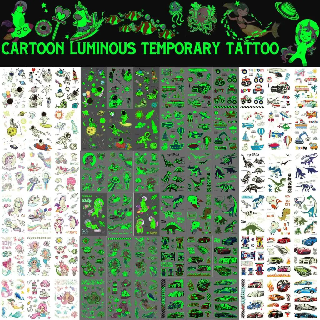 

Glow In Dark Unicorn Temporary Tattoos For Girls Boys Luminous Astronaut Car Plane Fake Tattoo Sticker Teens Dinosaur Tatoos Arm