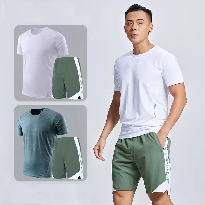 

Icy-Cool Running Sets Men Sports Clothes Youth Ice Silk Breathable Fitness Tee Shirts Kits Soccer Set Male Gym T Shirt Shorts