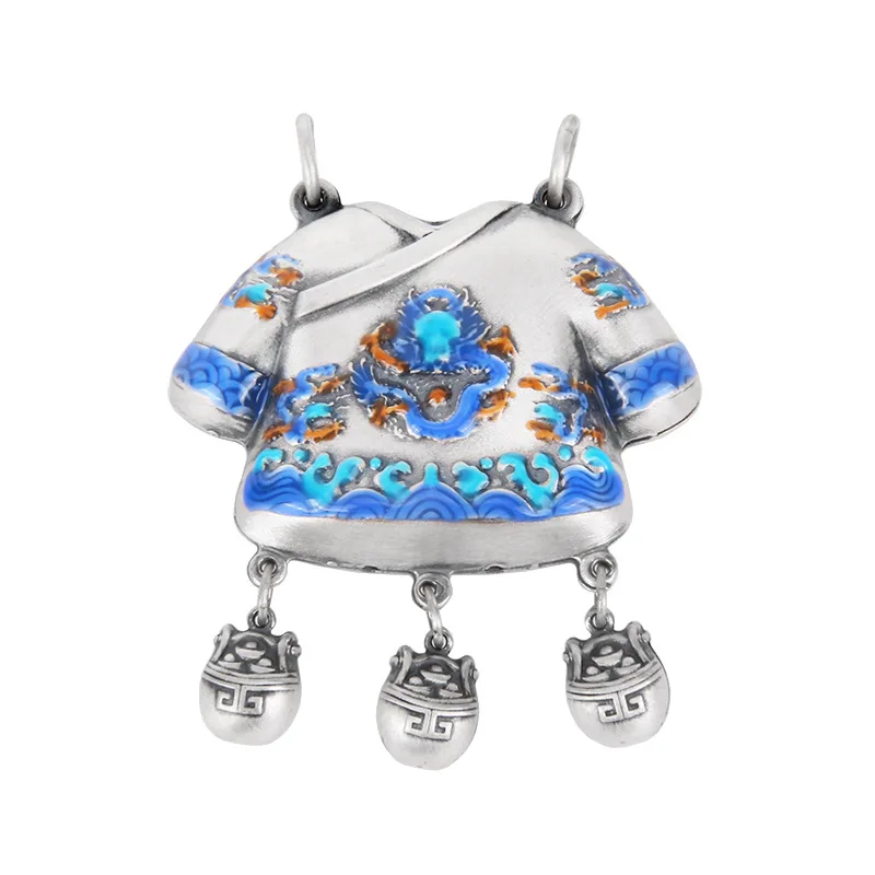 

Real S925 Sterling Silver Retro National Style Auspicious Cloud Totem Blue Clothes Pendant MeiBaPJ Exquisite Gift Jewelry