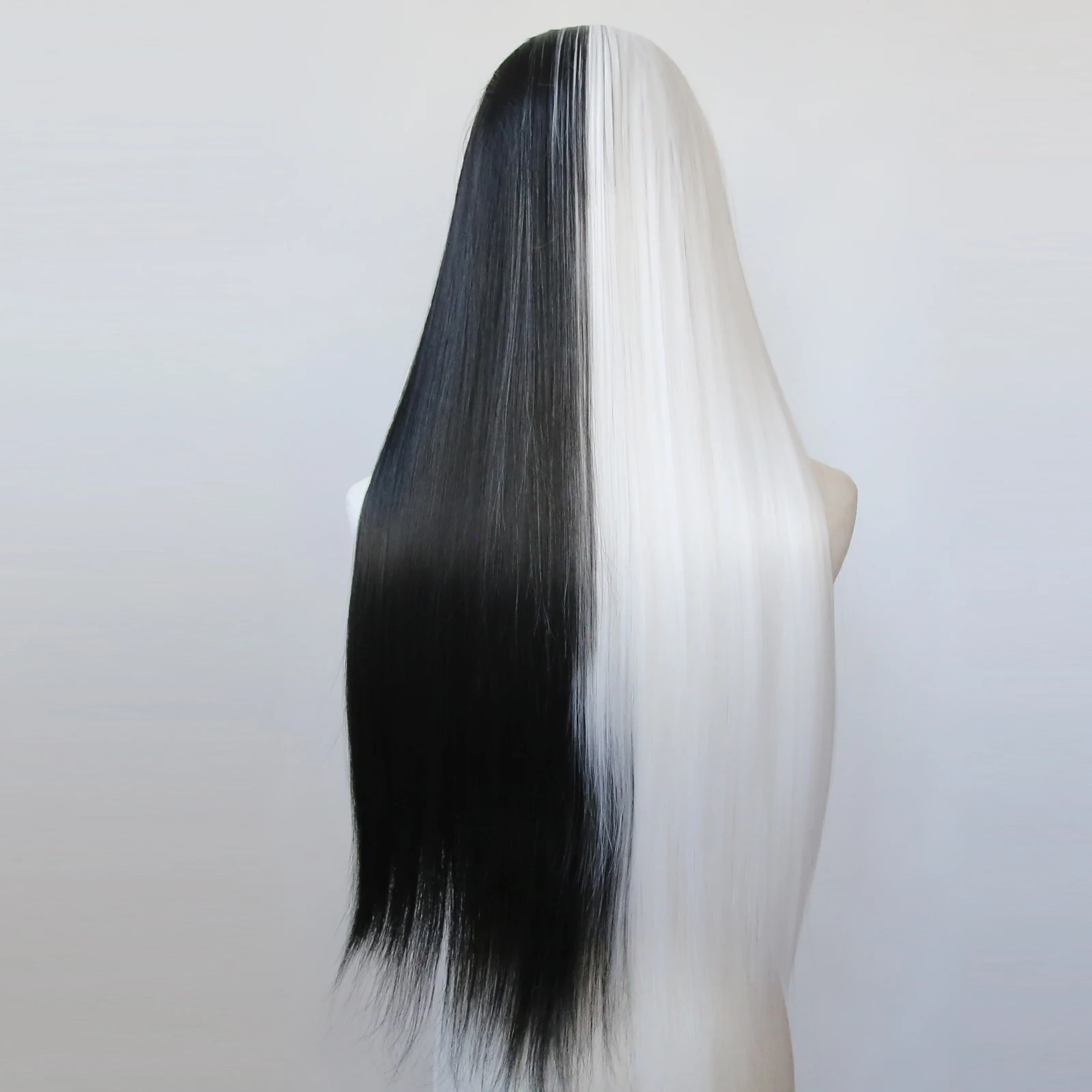 Белый с половиной черного синтетического кружева передний парик длинный прямой